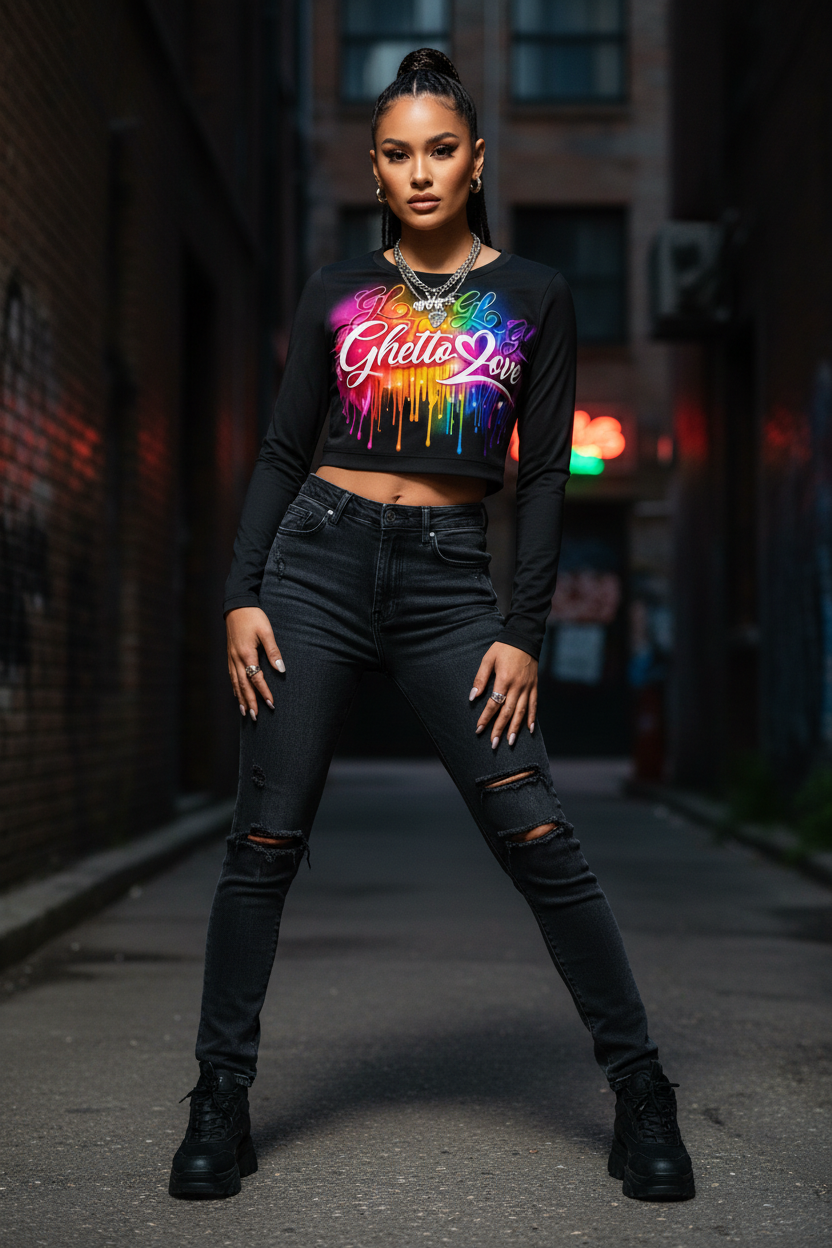 Ghetto Love Logo long sleeve crop top